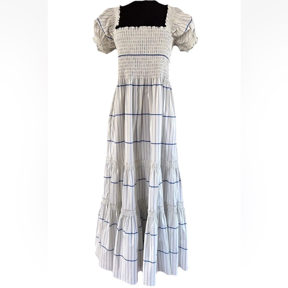 Tory Burch Striped Smocked-Bodice Ivory/Duchess Blue Midi Dress Size XL